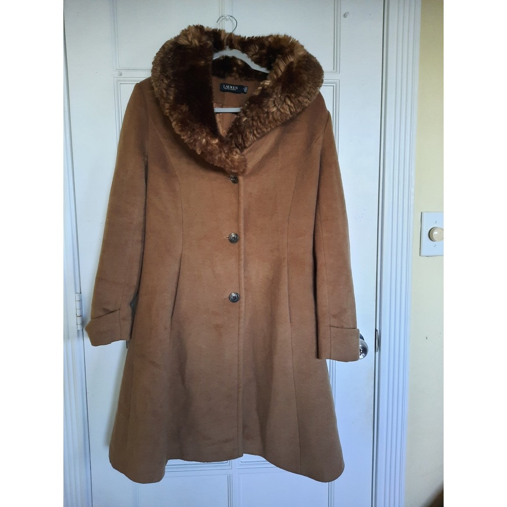 Lauren Ralph Lauren Women 4 Blended Wool Lined Brown Faux Fur Long Trench Coat